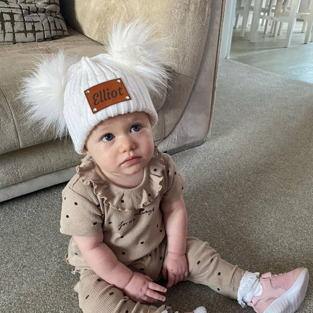 Personalized Leather Patch Kid Pom Pom Hat and Scarf | HSKid0101