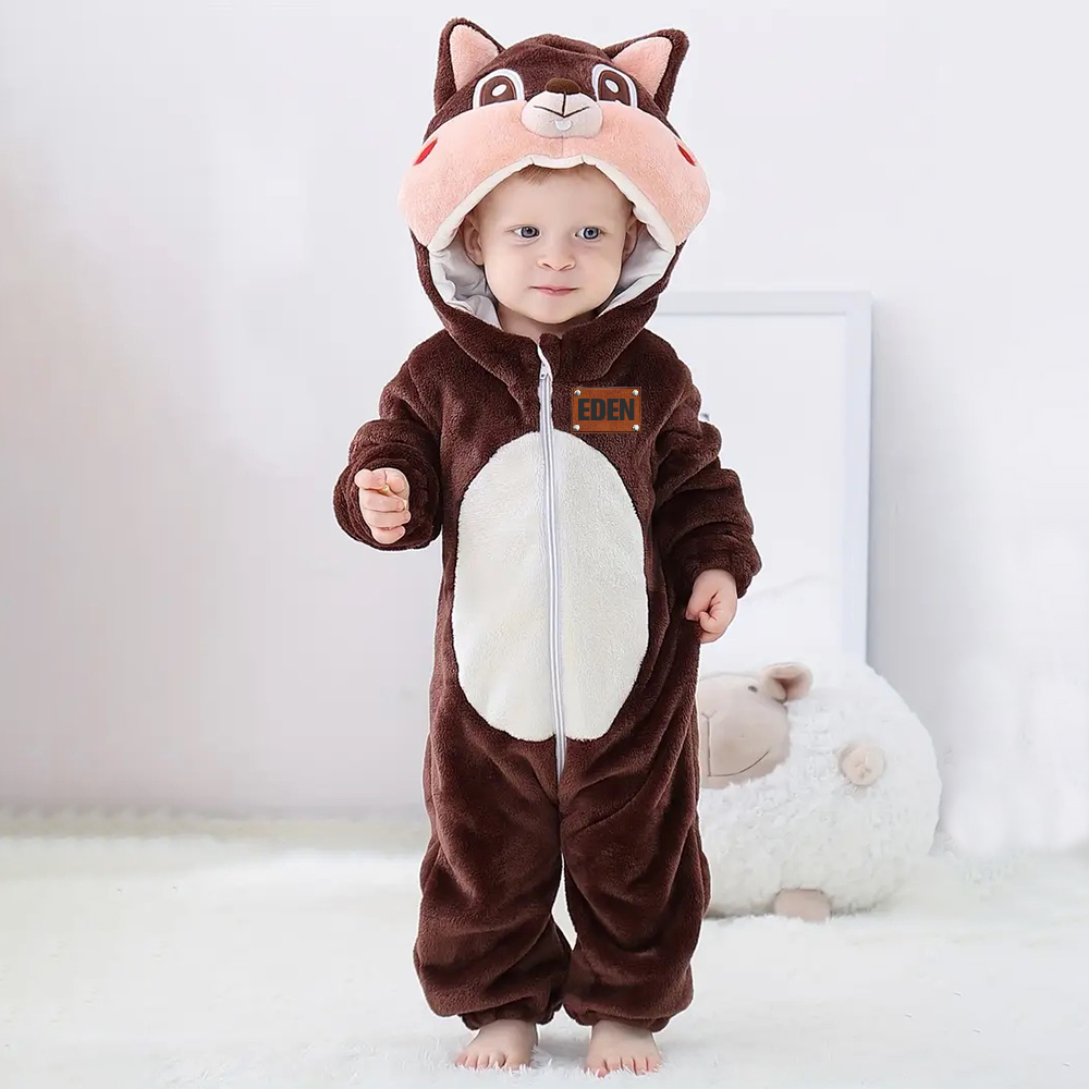 Personalized Leather Patch Baby Animal Romper  | CWBaby122