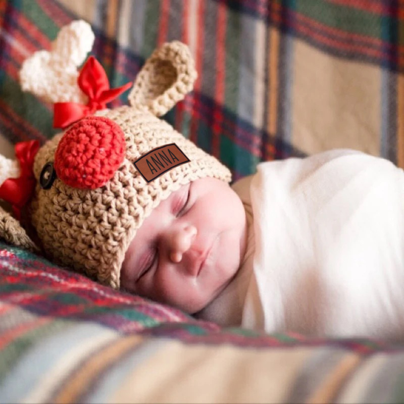 Personalized Leather Patch Christmas Elk Crochet Hat | MCGift112