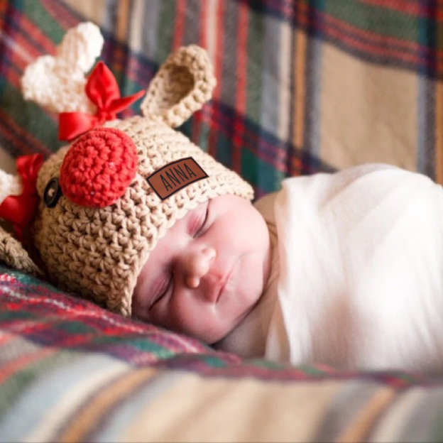 Personalized Leather Patch Christmas Elk Crochet Hat | MCGift112