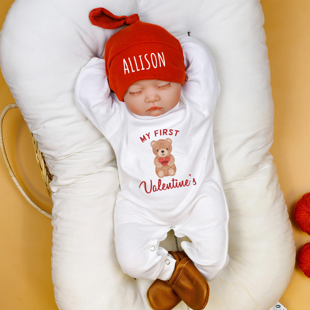 Personalized Baby First Valentine Ropmer and Hat Set | CWBaby127