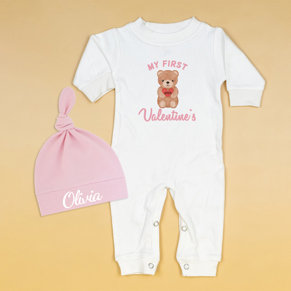 Personalized Baby First Valentine Ropmer and Hat Set | CWBaby127