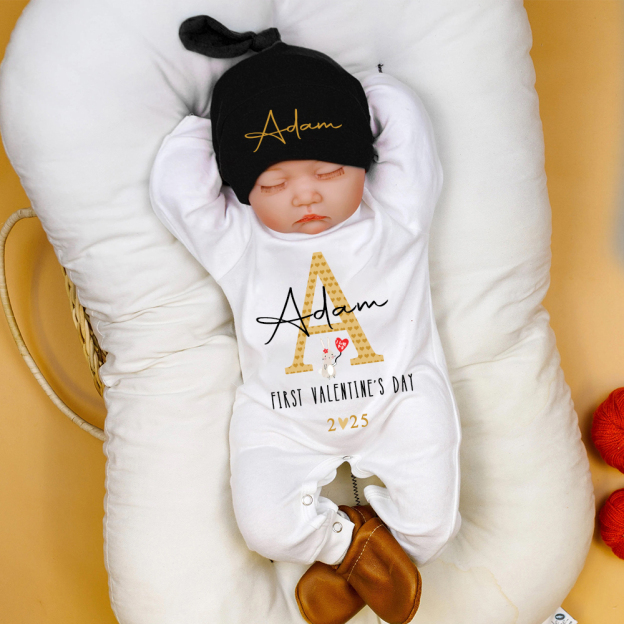 Personalized Baby First Valentine Ropmer and Hat Set | CWBaby147