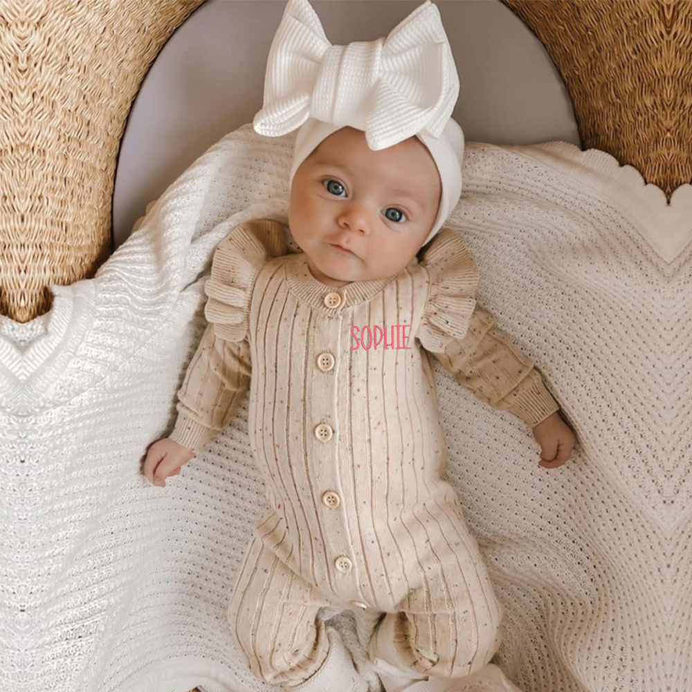 Personalised Embroidery Baby Ruffle Knit Romper | CWBaby149