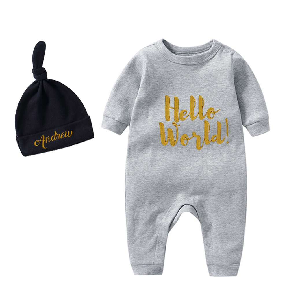 Personalized Embroidery Hello World Baby Coming Home  Romper and Hat Set | CWBaby161