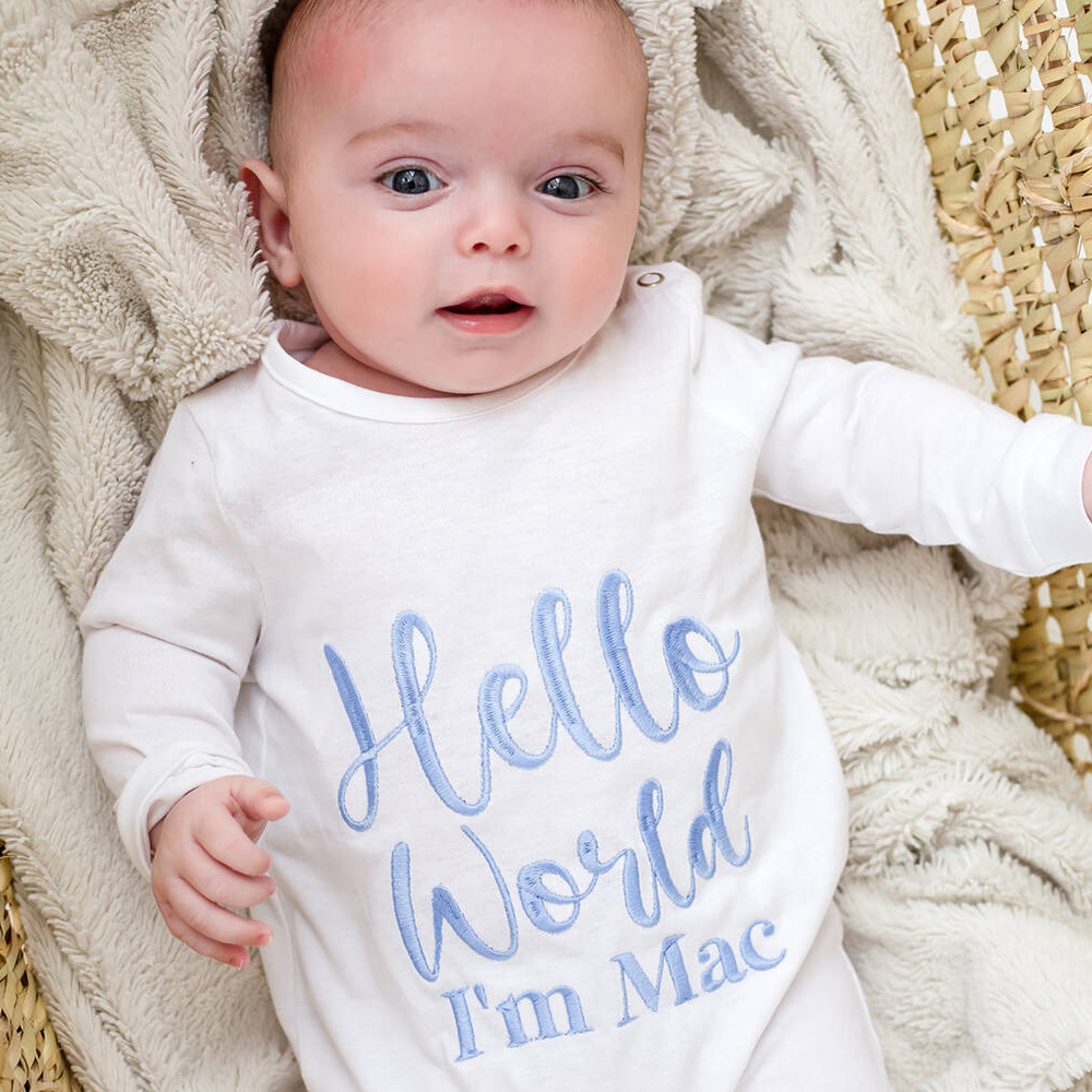 Personalized Embroidered Baby Hello World Romper and Hat Set | CWBaby166