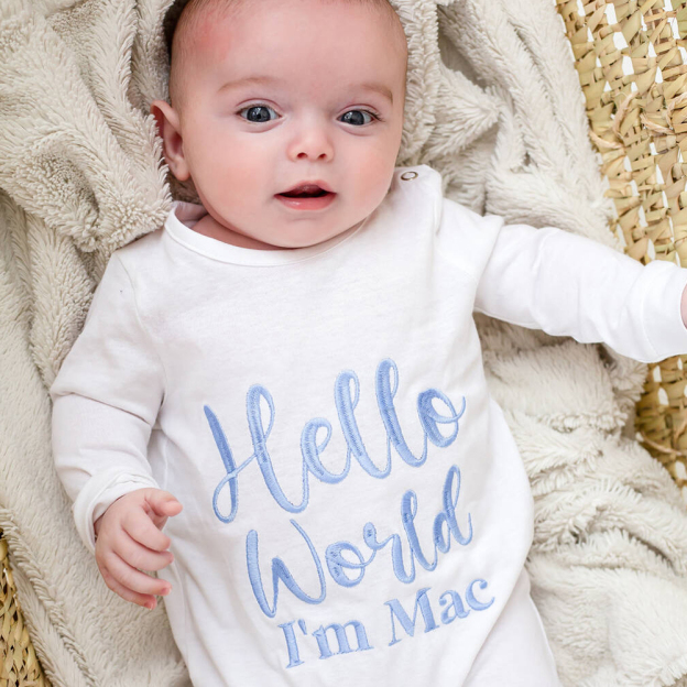 Personalized Embroidered Baby Hello World Romper and Hat Set | CWBaby166