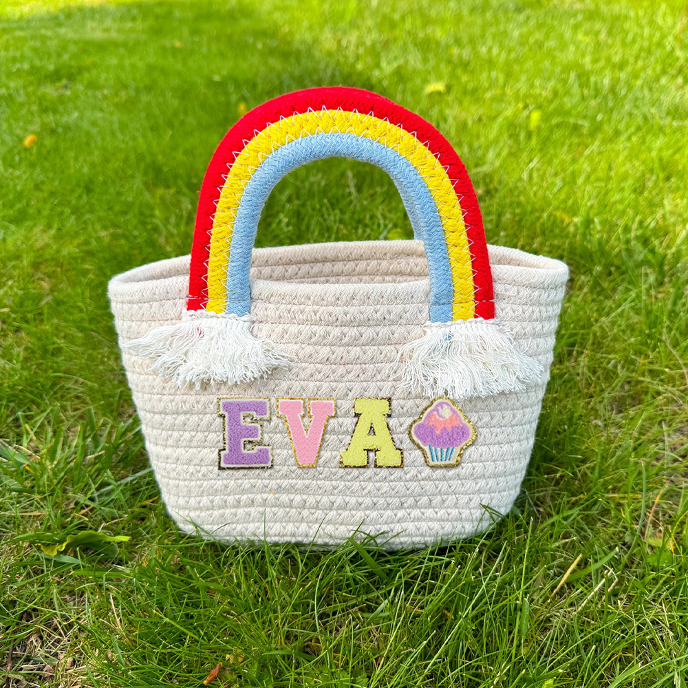 Personalized Kids Chenille Patch Cotton Rope Woven Tote Bag | CWBeach15401