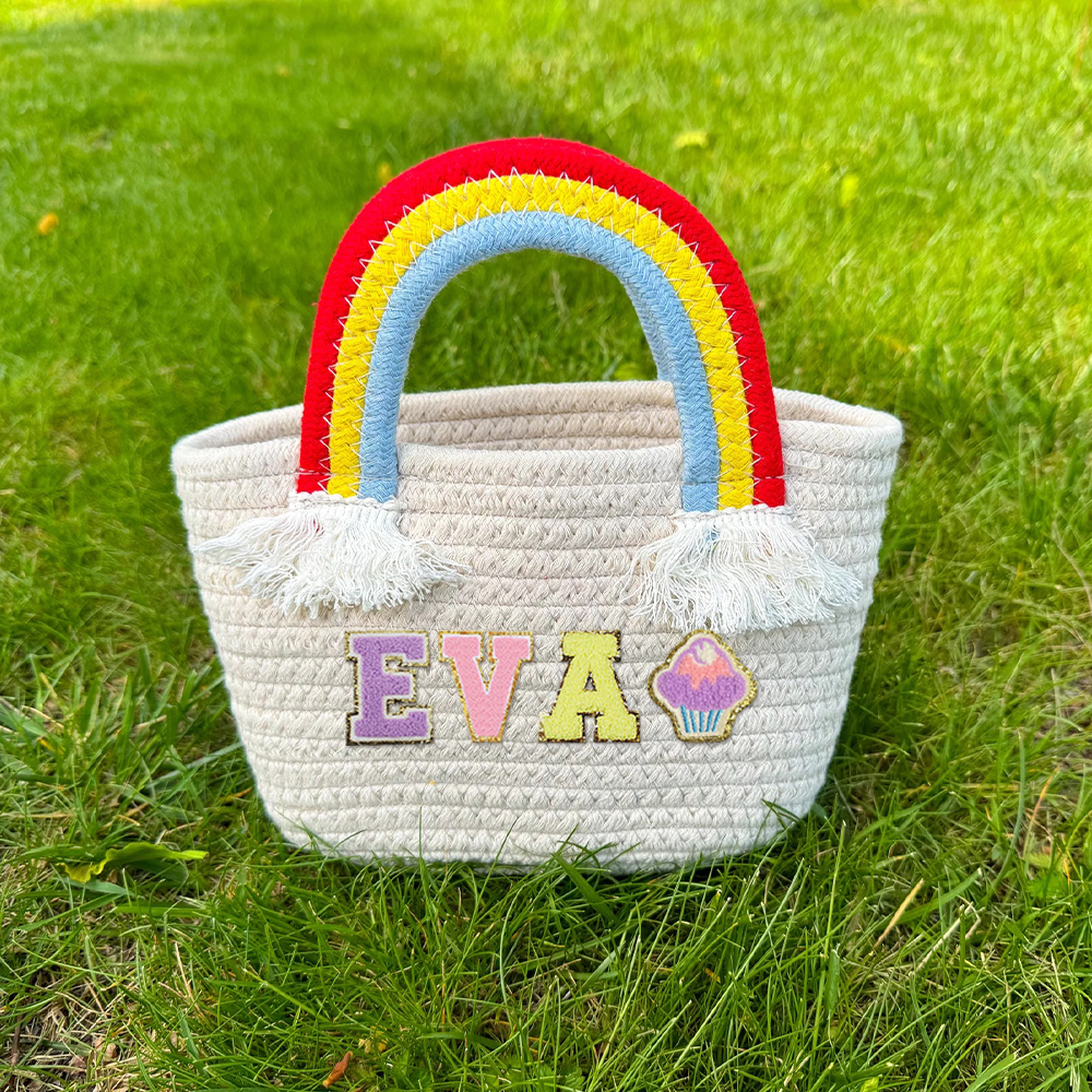 Personalized Kids Chenille Patch Cotton Rope Woven Tote Bag | CWBeach15401