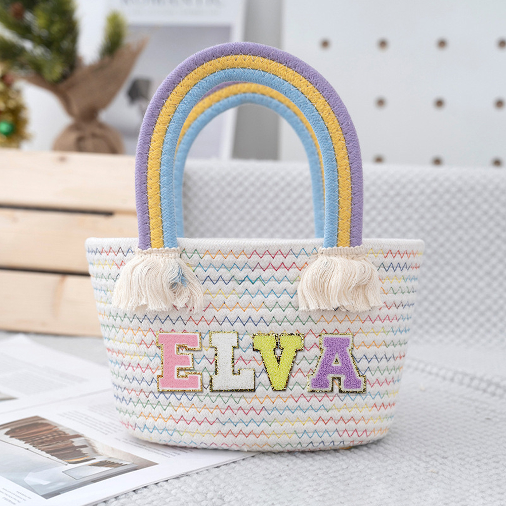 Personalized Kids Chenille Patch Cotton Rope Woven Tote Bag | CWBeach15401