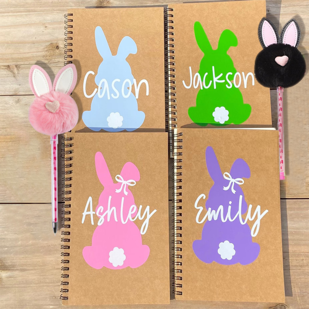 Personalized Easter Basket Bunny Notebook and PomPom Pen Set | CWToy110