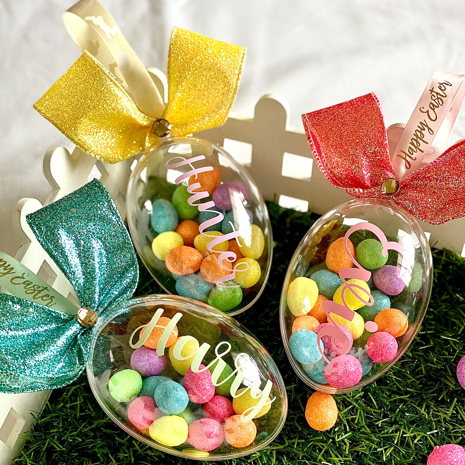 Personalized Shiny Ribbon Bunny Ears Easter Eggs | CWEaster35