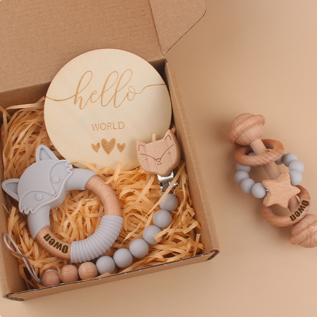 Personalized Baby Wooden Fox Pacifier Clip 4 Pcs Gift Set | CWBaby113