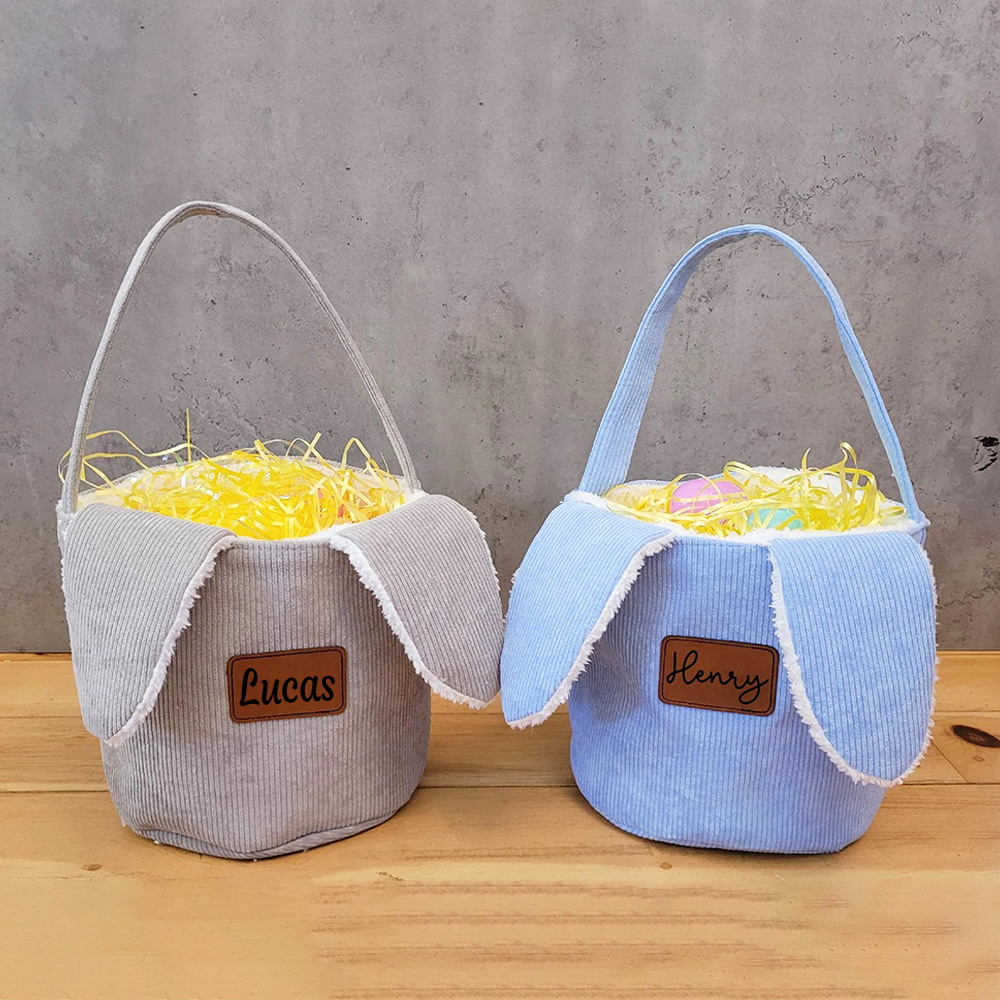 Personalized Leather Patch Corduroy Easter Bunny Basket | CWEaster4301