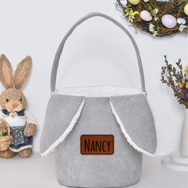 Personalized Leather Patch Corduroy Easter Bunny Basket | CWEaster4301