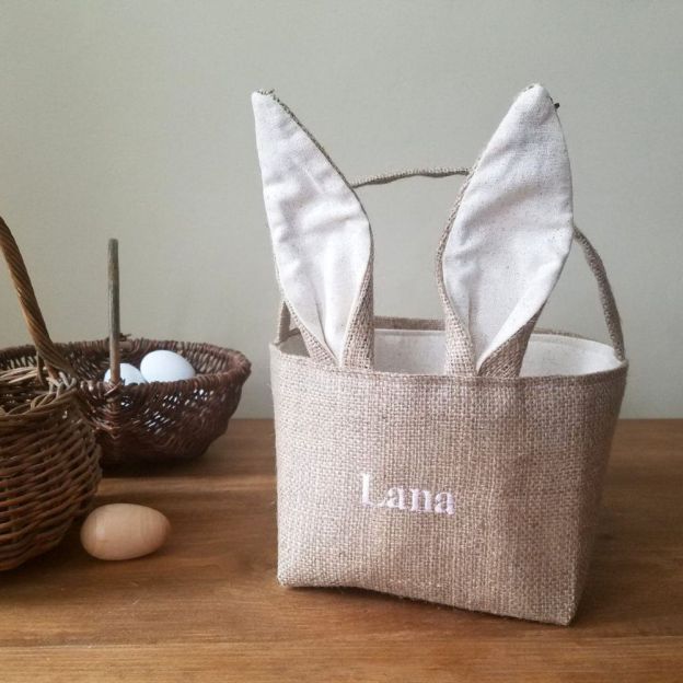 Personalized Embroidered Burlap Bunny Easter Basket | CWEaster46