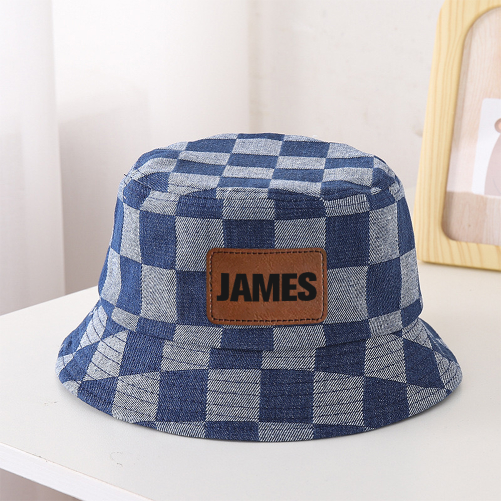 Personalized Leather Patch Checkerboard Denim Bucket Hat for Comfort & Unique | CWBeach175