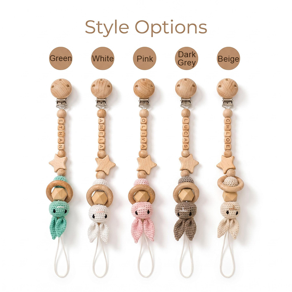 Personalized Baby Crochet Bunny Wooden Bead Pacifier Clip | CWToy194