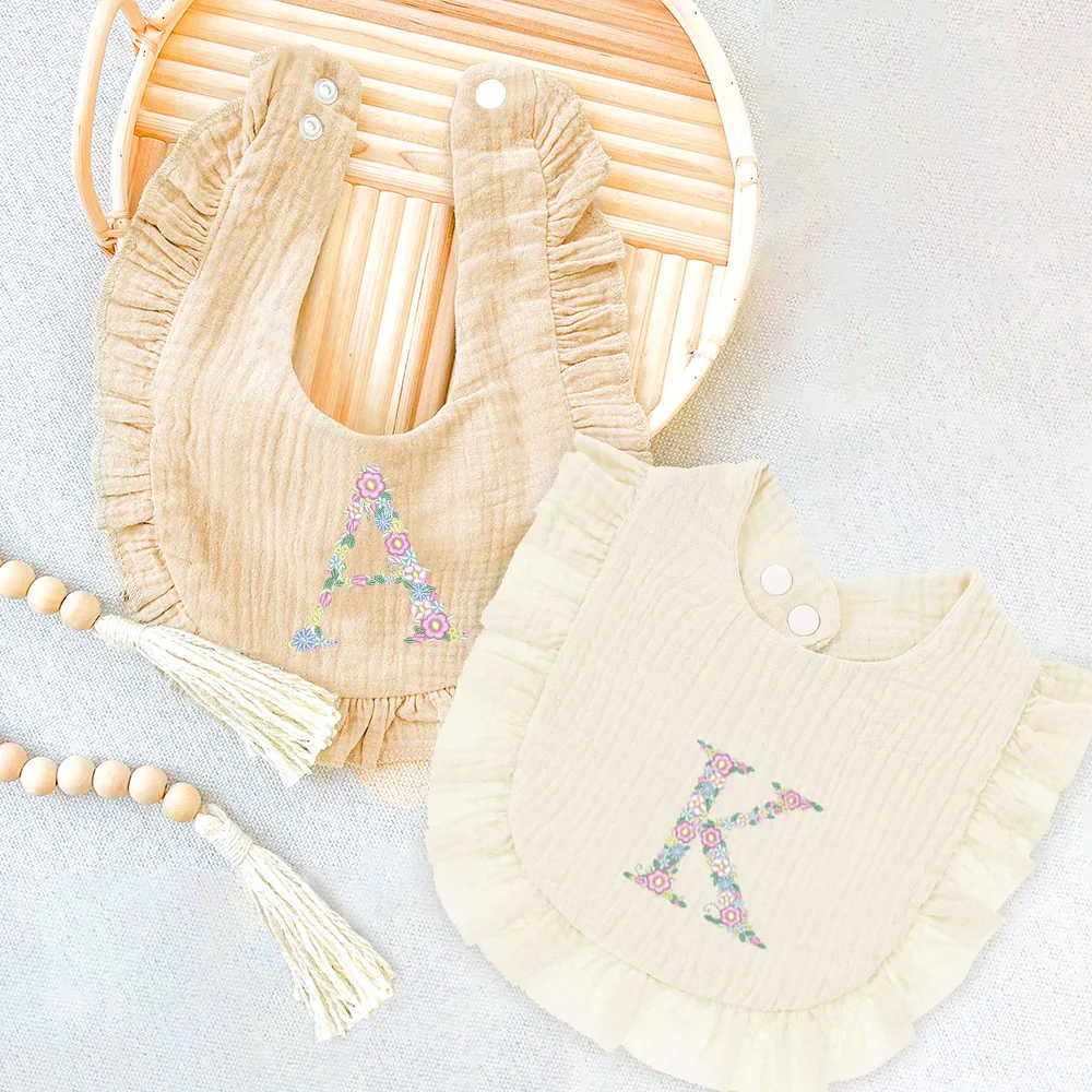 Personalized Embroidered Flowers Letter Baby Cotton Gauze Bibs | CWBaby224