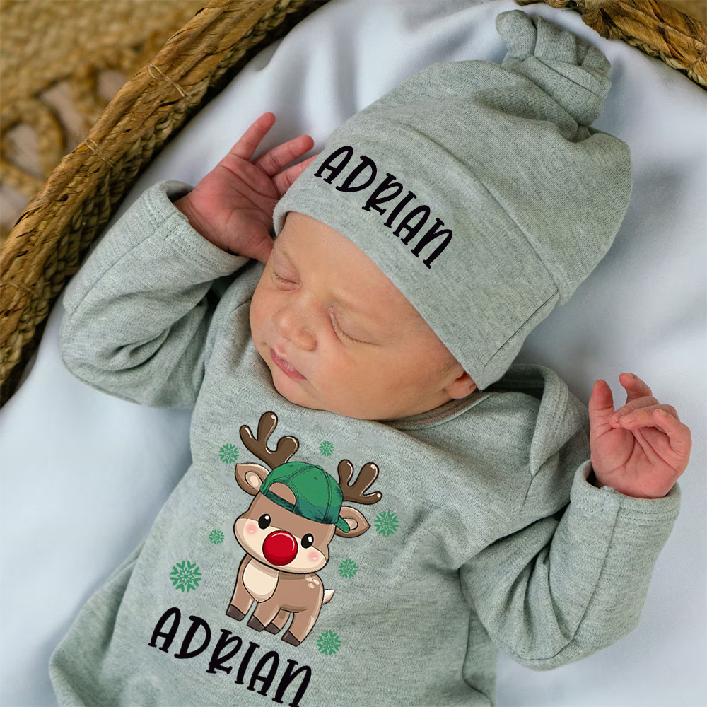 Personalized Baby Christmas Adorable Elk Romper and Hat Set | MCGift233