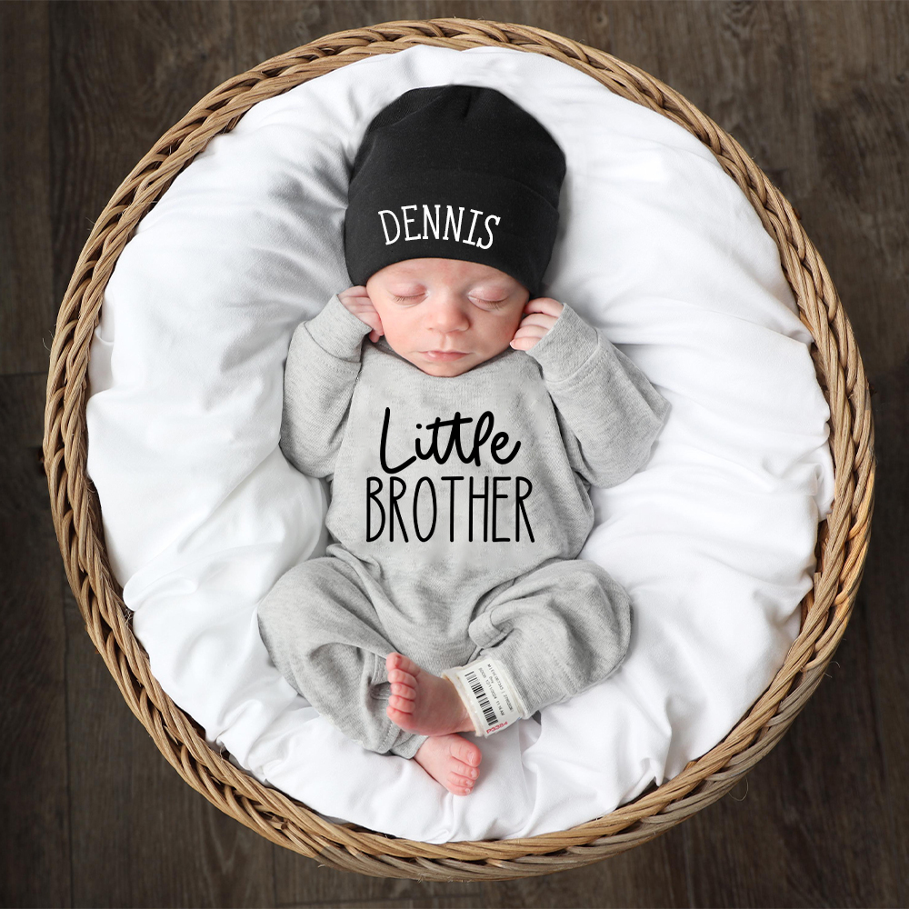 Personalized Little Brother Coming Home Romper With Hat Set | CWBaby13302