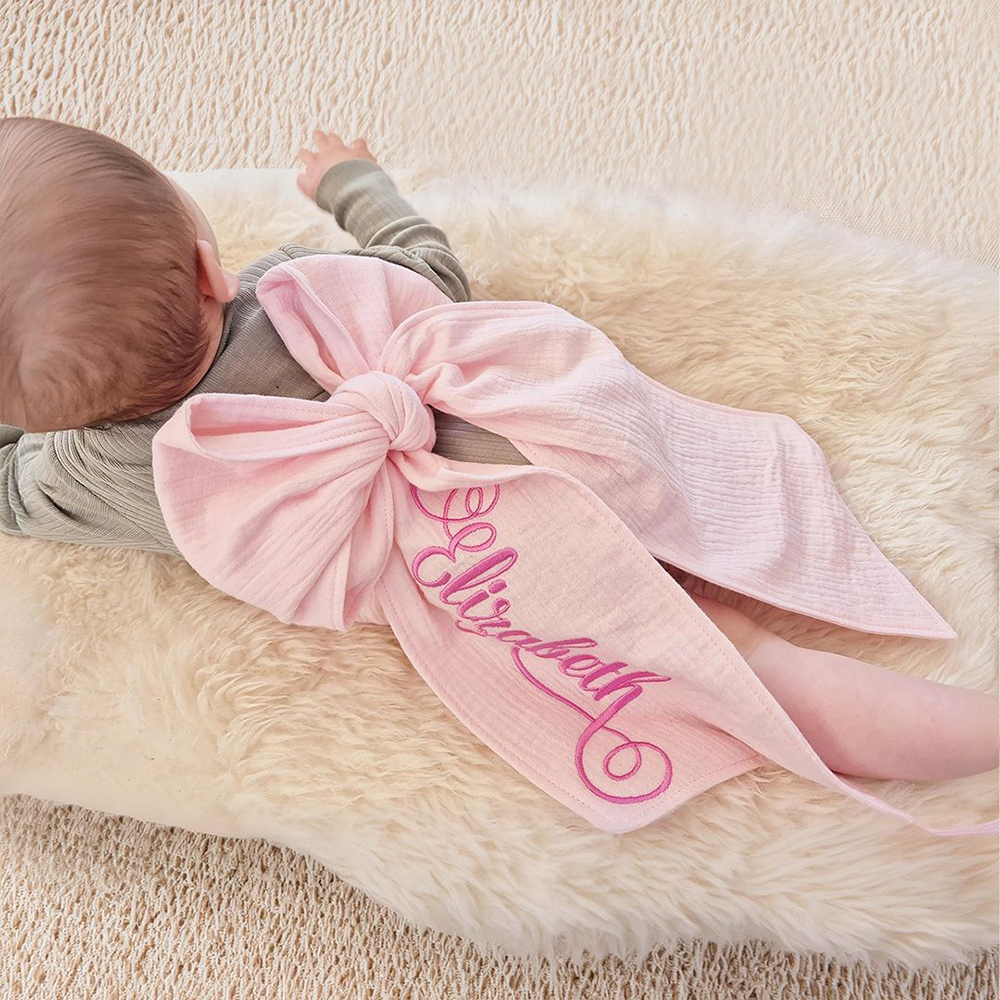 Personalized Embroidery Organic Cotton Yarn Baby Bow Sash | CWBaby261
