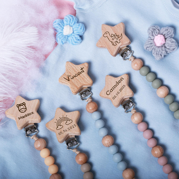 Personalized Baby Pacifier Silicone Wooden Bead Clip | CWToy130
