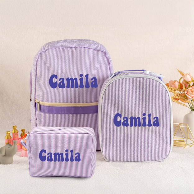 Personalized Chenille Patch Kids Seersucker School Backpack Set