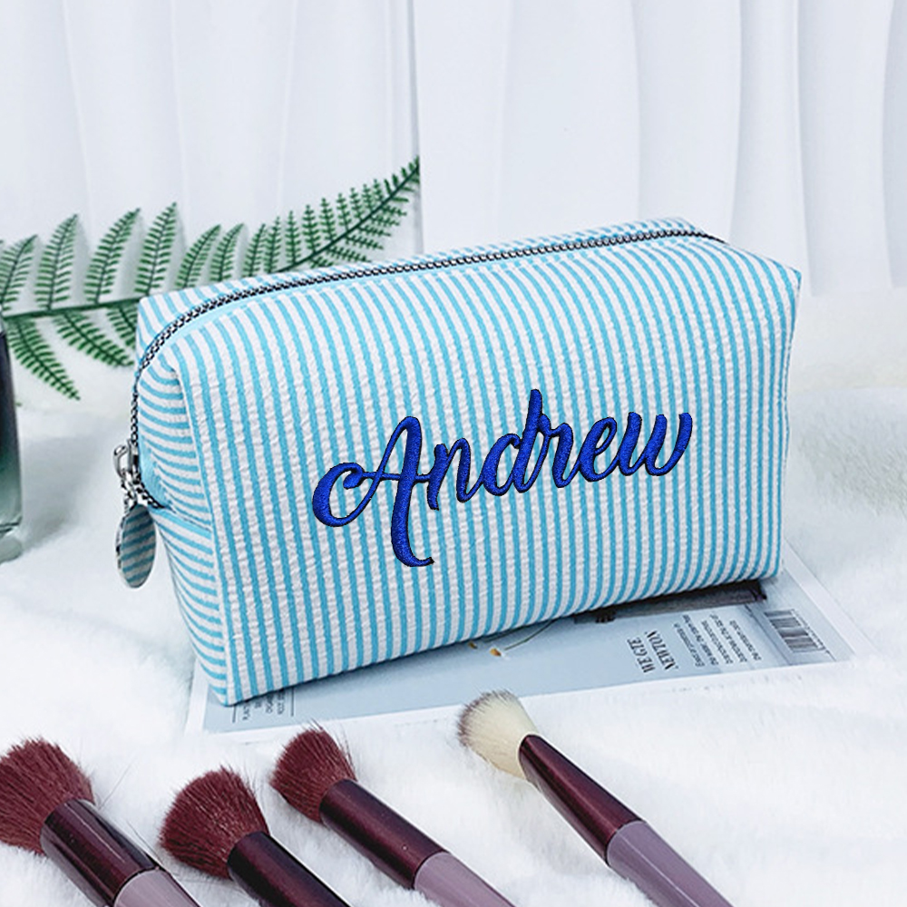 Personalized Embroidered Seersucker Striped Makeup Bag | CWPack295