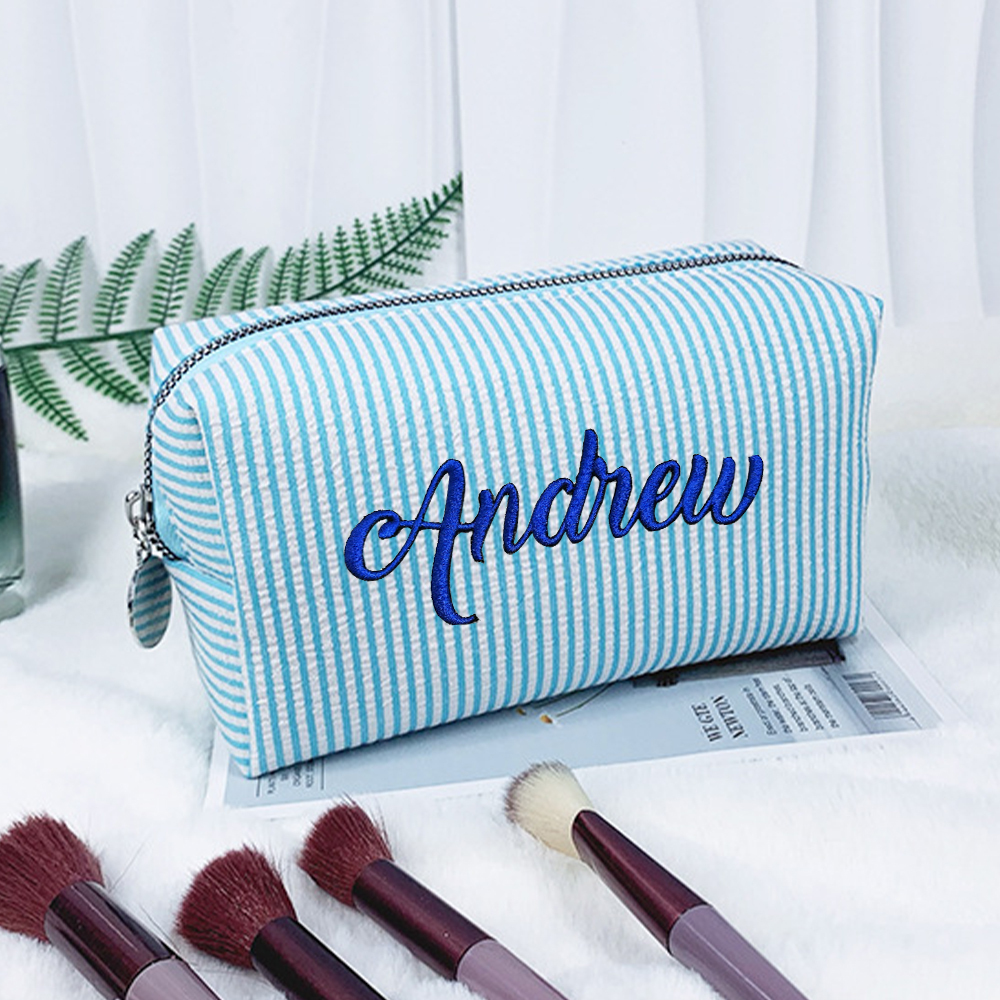 Personalized Embroidered Seersucker Striped Makeup Bag | CWPack295