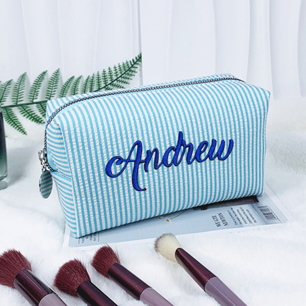 Personalized Embroidered Seersucker Striped Makeup Bag | CWPack295
