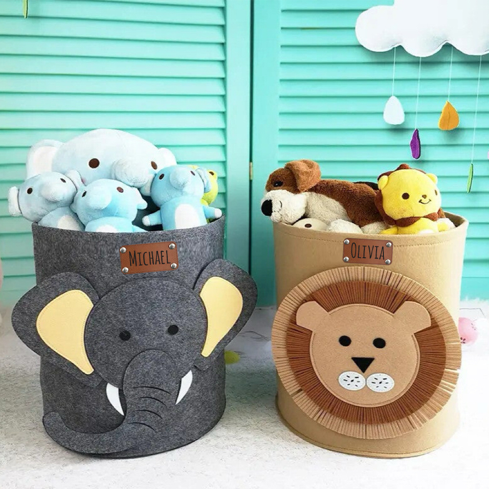 Personalized Leather patch Felt Laundry & Toy Storage Baskets | CWToy140