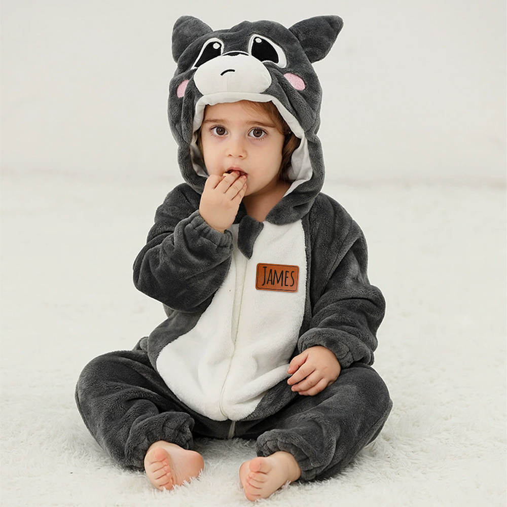 Personalized Leather Patch Baby Animal Warm Onesie  | CWBaby284