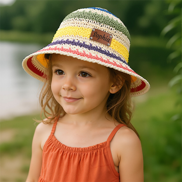 Personalized Summer Leather Patch Rainbow Straw Hat | CWBeach203