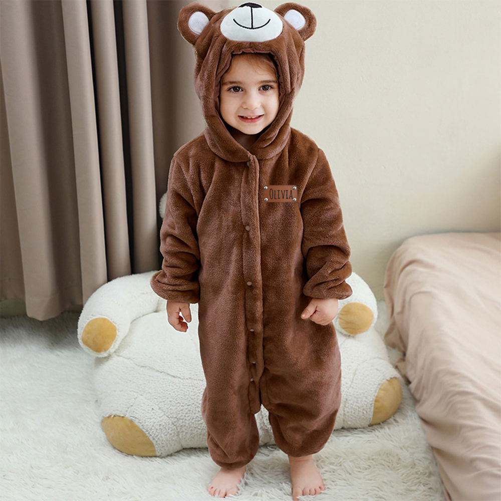 Personalized Leather Patch Baby Lovely Bear Animal Romper | CWBaby288
