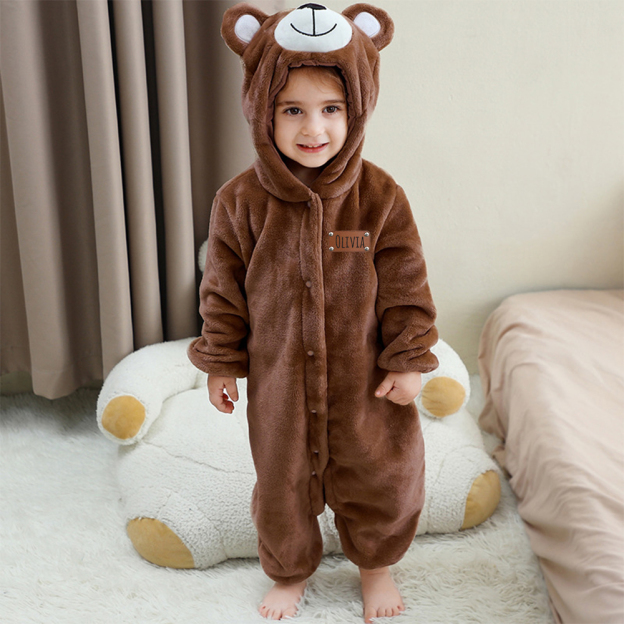 Personalized Leather Patch Baby Lovely Bear Animal Romper | CWBaby288