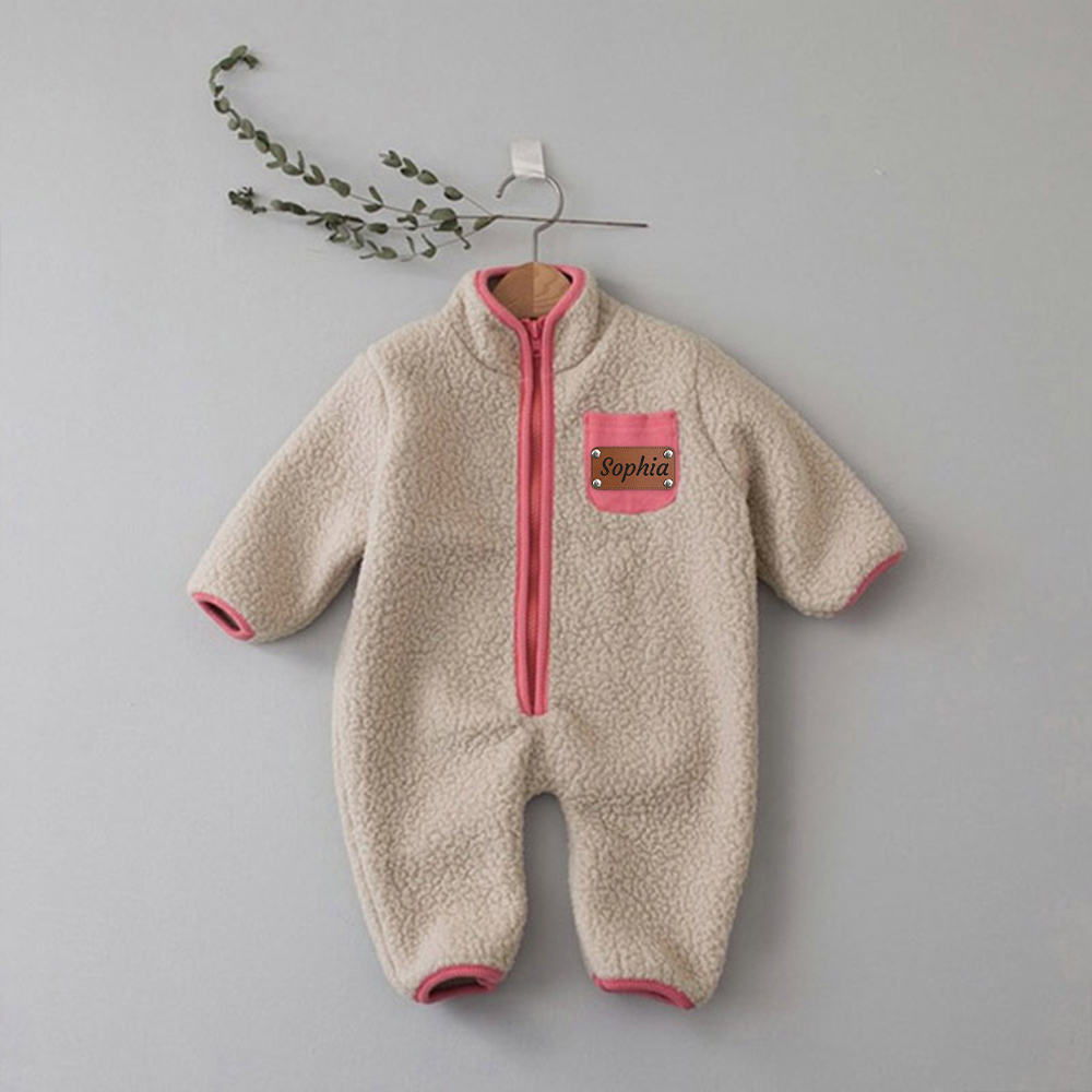 Personalized Leather Patch Baby Soft Sherpa Jumpsuit | CWBaby290