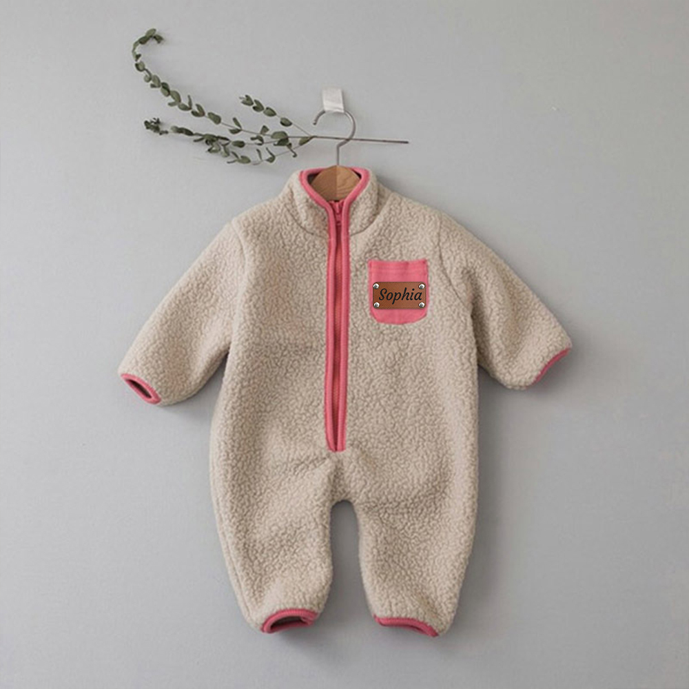 Personalized Leather Patch Baby Soft Sherpa Jumpsuit | CWBaby290