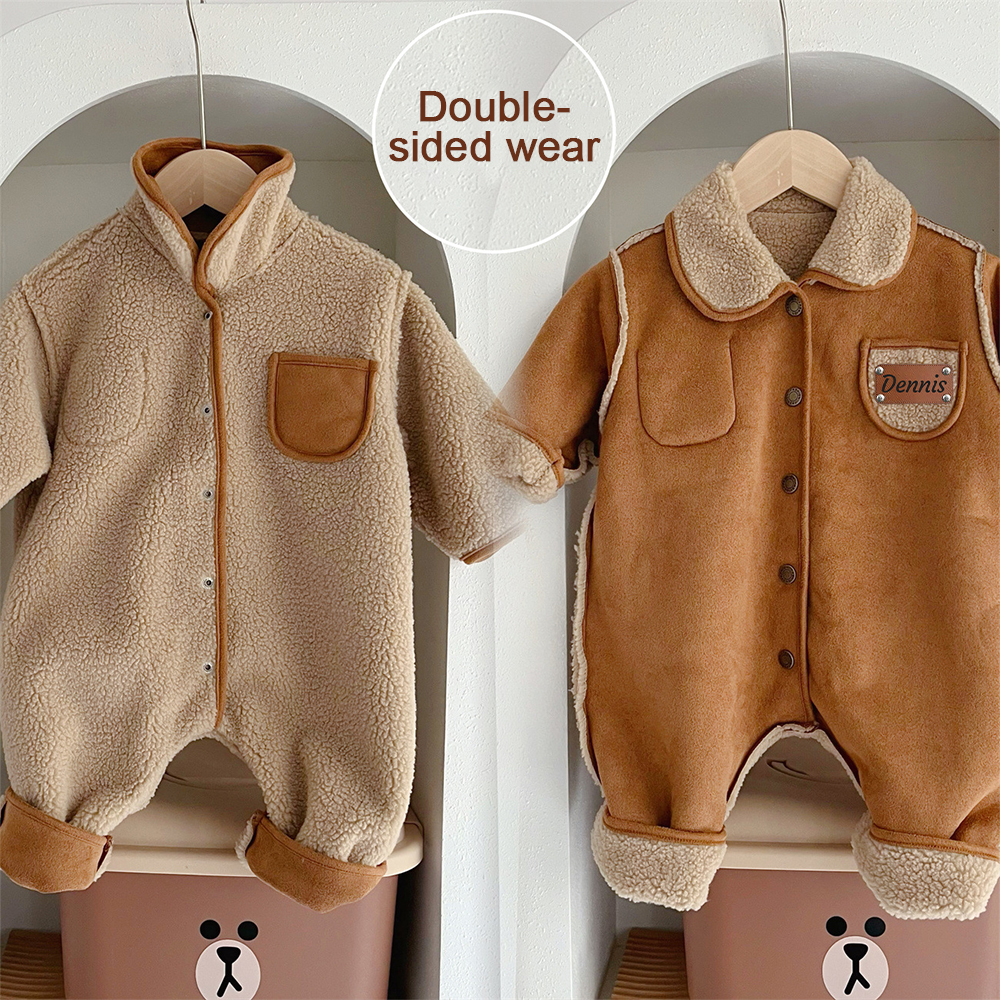 Personalized Leather Patch Double-Sided Wear Suede Baby Romper | CWBaby291