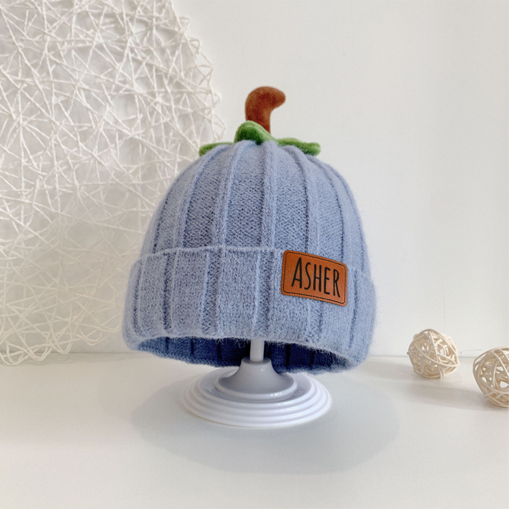 Personalized Leather Patch Pumpkin Wool Beanie | CWHalloween46