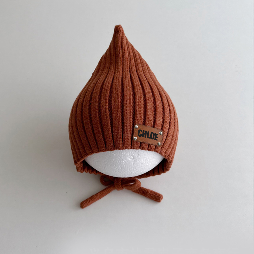 Personalized Leather Patch Knit Pixie Hats | HSKid58