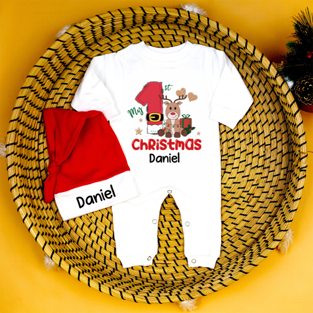 Personalized Baby 1st Christmas Ropmer and Hat Set | MCGift118