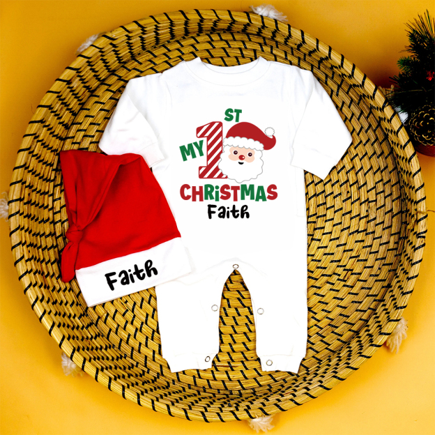 Personalized Baby 1st Christmas Ropmer and Hat Set | MCGift124