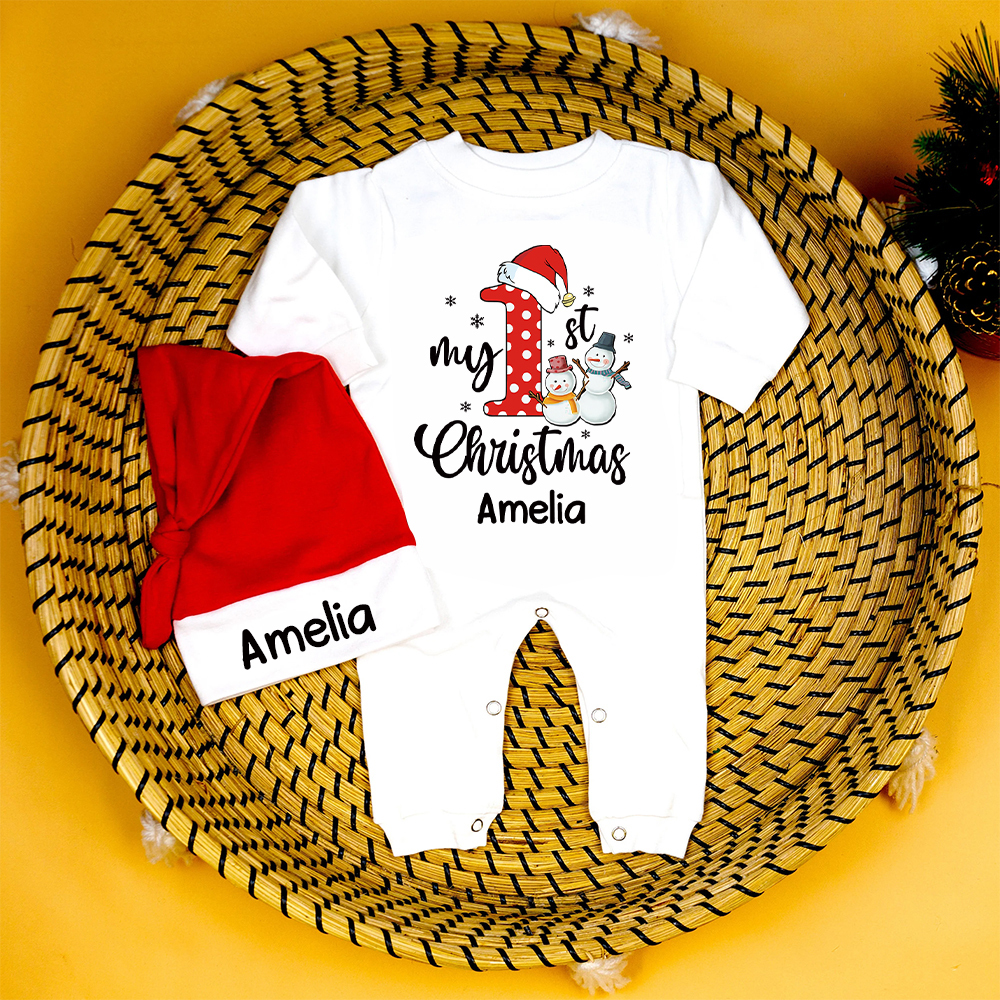 Personalized Baby 1st Christmas Ropmer and Hat Set | MCGift128