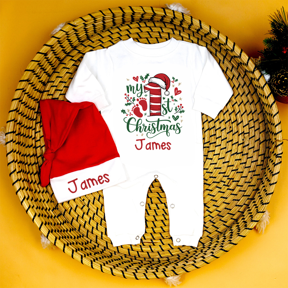 Personalized Baby 1st Christmas Ropmer and Hat Set | MCGift130