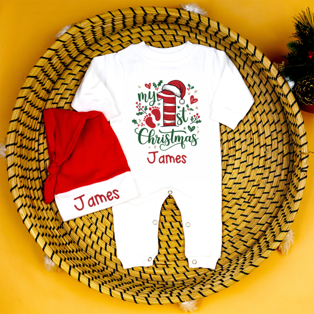 Personalized Baby 1st Christmas Ropmer and Hat Set | MCGift130