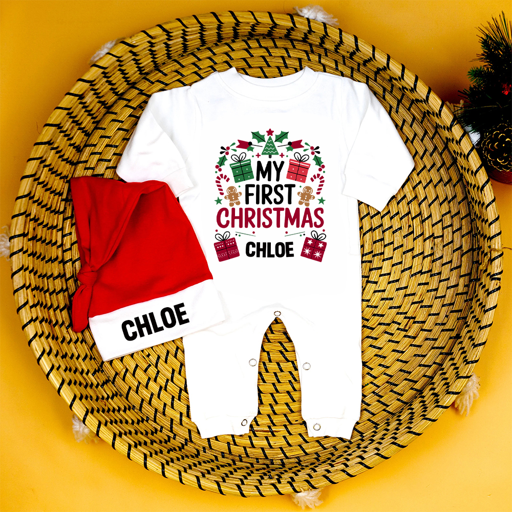 Personalized Baby 1st Christmas Ropmer and Hat Set | MCGift131