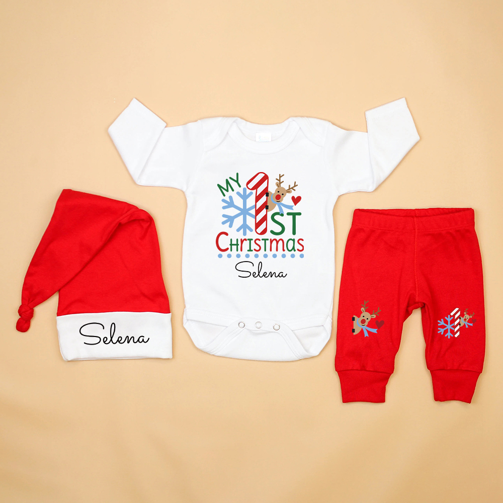 Personalized Baby 1st Christmas Ropmer Onesie Set | MCGift119