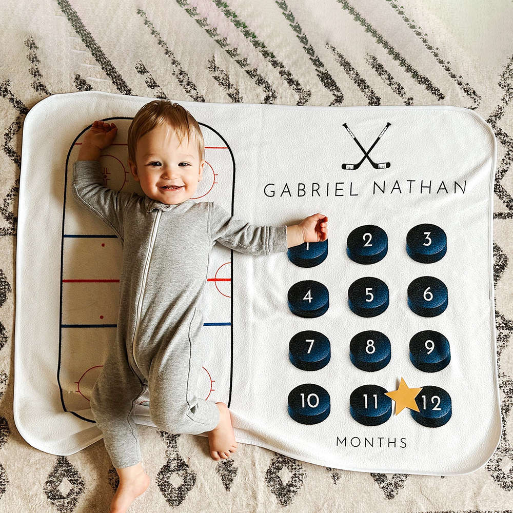Personalized Baby Hockey Themed Milestone Blanket with Name | BKMS019