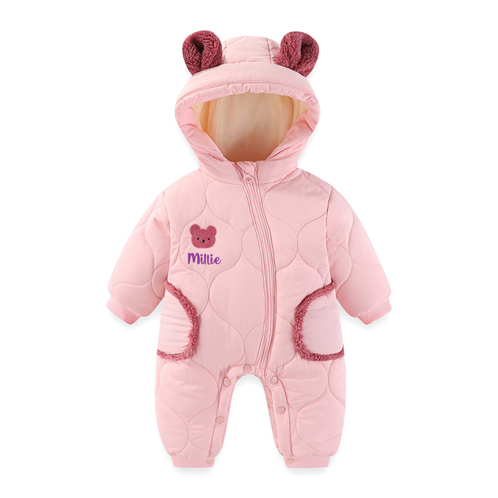 Personalized Long Sleeve Winter Hooded Puffer Romper | CWBaby308
